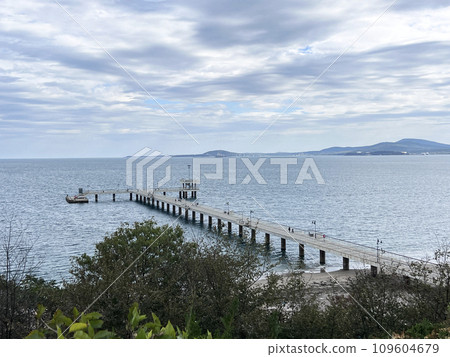 Burgas: Blue sky and bridge at sea, beach , Burgas, Bulgaria 109604679