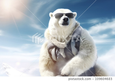 AI-generated content. A stylish polar bear donned in sunglasses against the vast blue sky 109604683