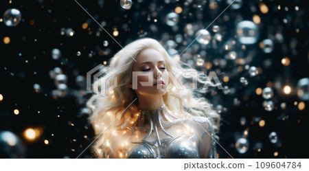 A beautiful divine woman with Slavic beauty floats in dark space surrounded by soap bubbles in a silk designer cosmic gown. Fashion wallpaper. Digital painting illustration. 109604784