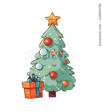 Vector illustration of decorated Christmas tree in snow on white background. Green fluffy xmas pine, isolated on white background. Cute Christmas tree in cartoon watercolor style. Vector illustration of decorated Christmas tree in snow on white background. Green fluffy xmas pine, isolated on white background. Cute Christmas tree in cartoon watercolor style. 109604796