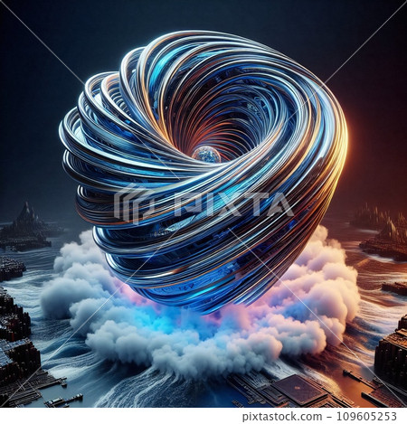 Futuristic Toroidal Quantum Core in Nitrogen cloud Cooling: Radiating Warm Light from Liquid Metal center, Against a Dark Background. Artistic Wallpaper. Digital painting. Futuristic Toroidal Quantum Core in Nitrogen cloud Cooling: Radiating Warm Light from Liquid Metal center, Against a Dark Background. Artistic Wallpaper. Digital painting. 109605253