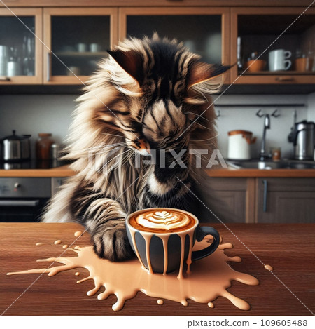 Cat makes facepalm gesture after spilling cappuccino on kitchen table. Coffee morning. Meme illustration. Digital art.	 109605488