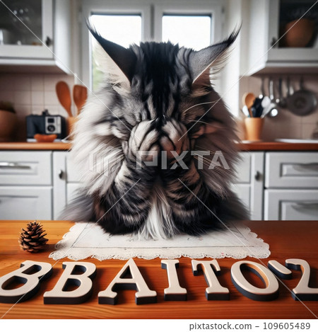 A Maine coon cat sits at a table, trying to get along through scrabble. Resigned, he makes a facepalm gesture. Meme art illustration. Digital Art.	 109605489