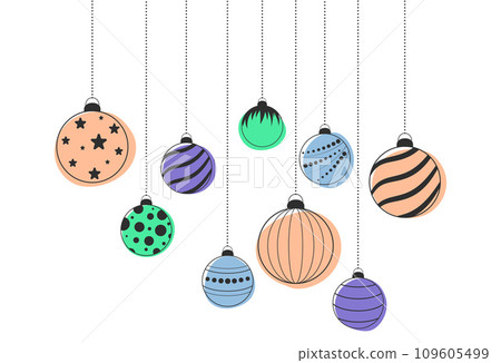 Set of christmas balls in the trendy colors. Peach fuzz. Merry Christmas and Happy New Year greeting card with hanging ball decoration. Flat vector illustration isolated on white background. 109605499