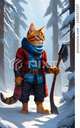 A Bengal cat lumberjack dressed in a plaid shirt and winter jacket stands in a winter forest, holding an axe. In the background, a snow-covered forest. Digital painting illustration. A Bengal cat lumberjack dressed in a plaid shirt and winter jacket stands in a winter forest, holding an axe. In the background, a snow-covered forest. Digital painting illustration. 109605507