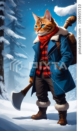 A Bengal cat lumberjack dressed in a plaid shirt and a blue sweater stands in a winter forest, holding an axe. In the background, a snow-covered forest. Digital painting illustration. A Bengal cat lumberjack dressed in a plaid shirt and a blue sweater stands in a winter forest, holding an axe. In the background, a snow-covered forest. Digital painting illustration. 109605510