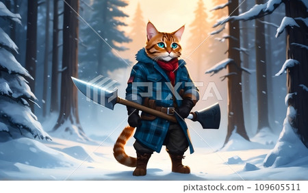 A Bengal cat lumberjack dressed in a plaid shirt and a blue sweater stands in a winter forest, holding an axe. In the background, a snow-covered forest. Digital painting illustration. A Bengal cat lumberjack dressed in a plaid shirt and a blue sweater stands in a winter forest, holding an axe. In the background, a snow-covered forest. Digital painting illustration. 109605511