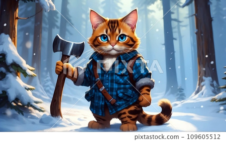 A Bengal cat lumberjack dressed in a plaid shirt and a blue sweater stands in a winter forest, holding an axe. In the background, a snow-covered forest. Digital painting illustration. A Bengal cat lumberjack dressed in a plaid shirt and a blue sweater stands in a winter forest, holding an axe. In the background, a snow-covered forest. Digital painting illustration. 109605512