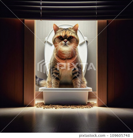 Illustration of a cat sitting in a litter box with an apparent grimace of displeasure. Peeping at an angry cat. Artistic digital painting.  109605748