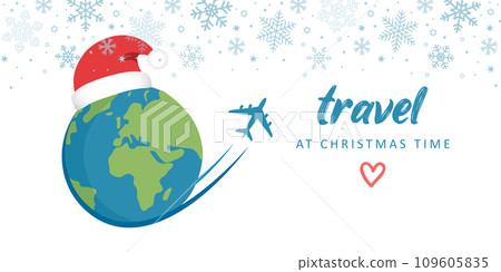 travel at chriatmas time airplane and globe with snowflake border vector illustration EPS10 109605835