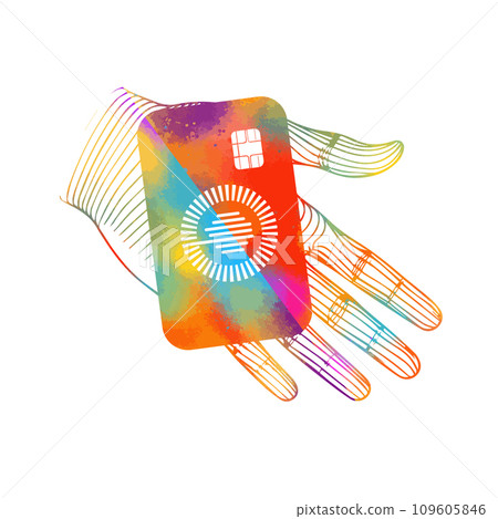 Colored hand holding a credit card. Bank card in hand. SHOTLISTbanking. hand drawing. Not AI, Vector illustration 109605846