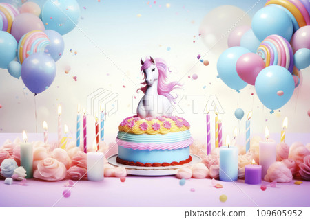 AI-generated content. Birthday card with unicorn, cake, balloons and candles in bright colors 109605952