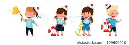 Little Children Sailor in Mariner Costume and Hat Playing Vector Illustration Set 109606018