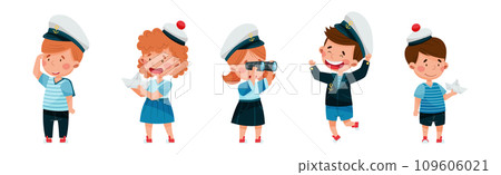 Little Children Sailor in Mariner Costume and Hat Playing Vector Illustration Set 109606021
