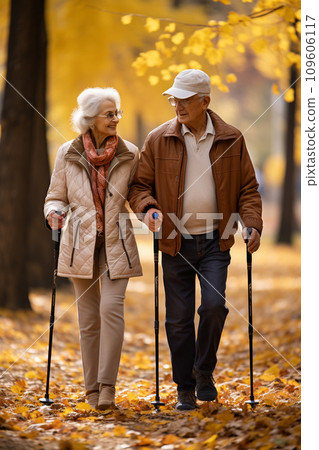 AI-generated content. Senior elderly couple walking with cane stick, joint pain, arthritis. Reduced mobility and physical weakness 109606117