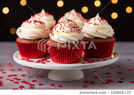 AI-generated content. Red velvet cupcakes with cream cheese frosting and sprinkles on the top. Valentine's Day concept.  109606170