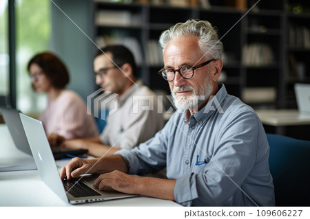AI-generated content. Senior man smiling in a classroom. Ability to learn, remember, and solve problems. Slows down with age. 109606227