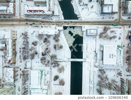 Embankment of the central pond and Plotinka in Yekaterinburg at winter sunset. The historic center of the city of Yekaterinburg, Russia, Aerial View 109606340