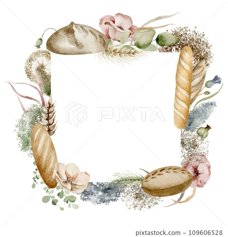 Bread baking frame template. Watercolor illustration of food and flowers on an isolated background. Cafeteria background and menu design. French breakfast banner for bakery and restaurant. 109606528
