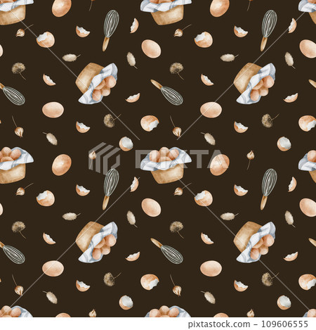 Cooking food at home seamless pattern. Watercolor background Chicken eggs and products are hand drawn on a dark background. Design of kitchen textiles and packaging. 109606555