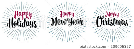 Happy Holidays Merry Christmas New Year handwriting calligraphy lettering with salute. Vector vintage illustration Happy Holidays Merry Christmas New Year handwriting calligraphy lettering with salute. Vector vintage illustration 109606557