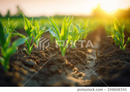 Rows of young corn plants growing on the field. Generative AI 109606591