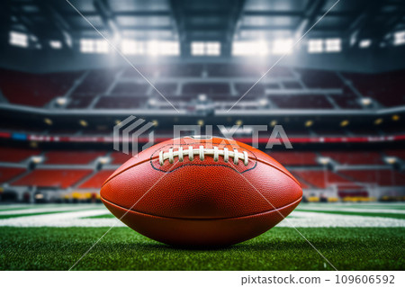 American football ball on stadium. American football arena. Generative AI 109606592