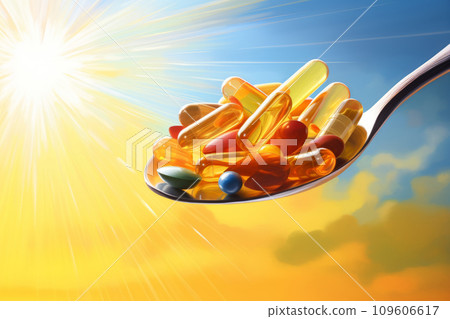 Spoon with dietary supplements on bright sunny background. Generative AI 109606617