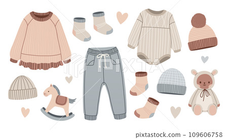 Baby toys and clothes set in hand drawn style. Horse and teddy bear for babyshower. Clothing for infant boy or girl. 109606758