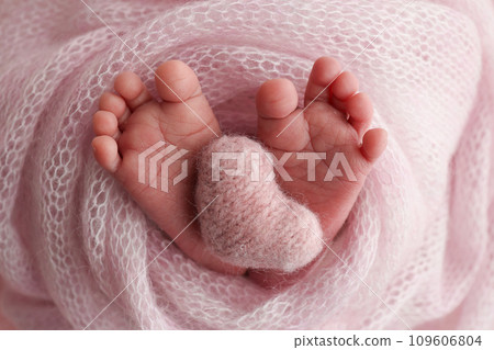 The tiny foot of a newborn baby. Soft feet of a new born in a pink wool blanket. Close up of toes, heels and feet of a newborn. Knitted pink heart in the legs of a baby. Studio macro photography. 109606804