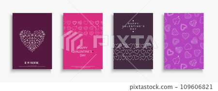 Collection of bright color holiday greeting covers, posters, magazine, invitation, tags, postcards for Valentine's day. Creative love romantic hand drawn brochures. Drawing cute cards with hearts 109606821