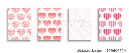 Collection of romantic posters, greeting cards, invitations, banners, covers, flyers with hearts prints and patterns. 14th February Valentines day creative cute geometric design 109606824