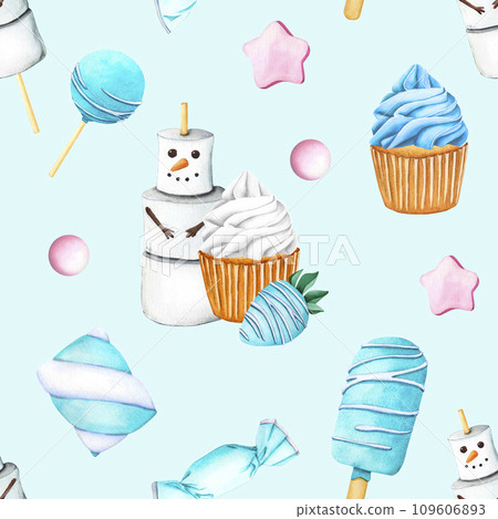 Seamless pattern with cupcake white cream, strawberry with glaze blue chocolate. Sweet summer dessert, popsicle, muffin, ice cream cone and marshmallow snowman. Watercolor illustration for design Seamless pattern with cupcake white cream, strawberry with glaze blue chocolate. Sweet summer dessert, popsicle, muffin, ice cream cone and marshmallow snowman. Watercolor illustration for design 109606893