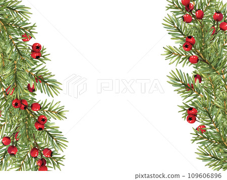 Frame christmas tree branches decorated with red berries. Watercolor xmas illustration for decoration. Nature design circle frame new year greeting cards template 109606896