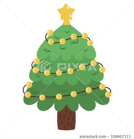 Christmas tree. Decorated pine and fir with light garland, balls and ribbons Christmas tree. Decorated pine and fir with light garland, balls and ribbons 109607111