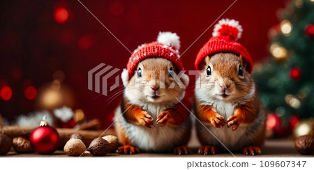 Two cute red squirrels posing on a red Christmas background wearing red Santa Claus hats holding walnut. Conceptual digital painting illustration. Generative AI 109607347