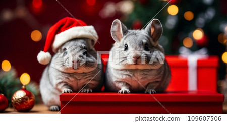 Two Cute gray chinchillas posing on a red Christmas background wearing red Santa Claus hats. Conceptual digital painting illustration. Generative AI 109607506