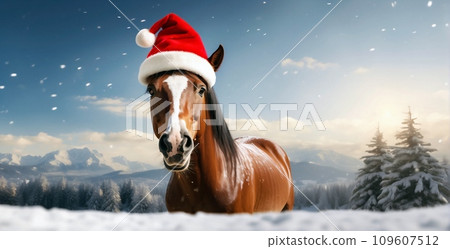 Illustration of a happy cute brown horse wearing a red Santa Claus hat, posing on a winter snowy background. Xmas 2023. Conceptual digital painting illustration. Generative AI 109607512