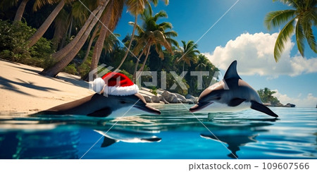 Two dolphins pose on a tropical beach wearing a red Christmas Santa hat. Holiday Concept. Digital painting illustration. Generative AI 109607566