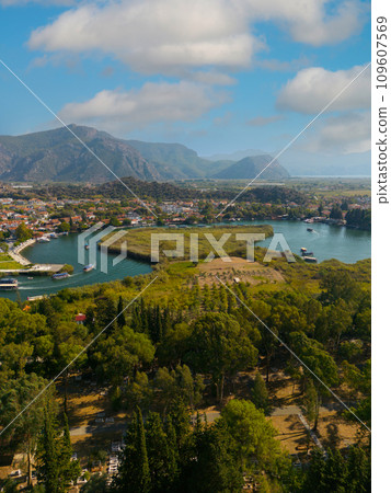 Dalyan River Drone Video, Aegean Sea Ortaca, Mugla Turkey. High quality photo Dalyan River Drone Video, Aegean Sea Ortaca, Mugla Turkey. High quality photo 109607569