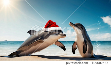 A happy dolphin lounges on the beach in the tropics on Christmas Day on a beautiful sunny day. Holiday Concept. Digital painting illustration. Generative AI 109607583