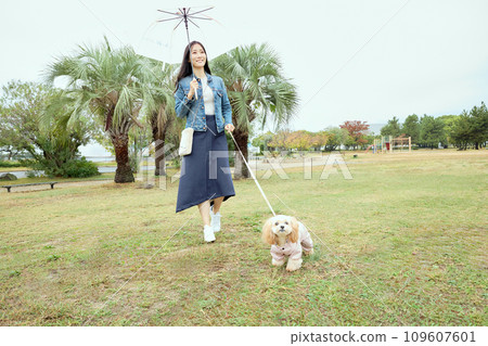 A woman walking with her dog in the park in the rain A woman walking with her dog in the park in the rain 109607601