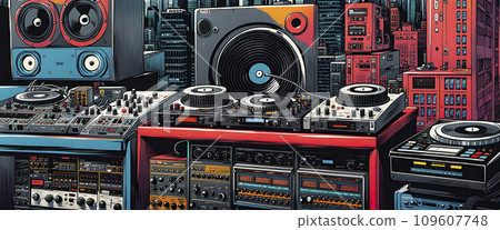 Music studio, turntables and loudspeakers with technical equipment in front of a big city skyline - ai generated 109607748