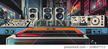 Music studio, turntables and loudspeakers with technical equipment in front of a big city skyline - ai generated 109607753