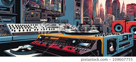 Music studio, turntables and loudspeakers with technical equipment in front of a big city skyline - ai generated 109607755