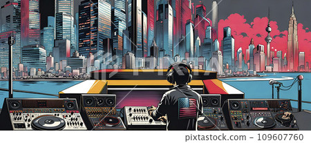Music studio, turntables and loudspeakers with technical equipment in front of a big city skyline - ai generated 109607760
