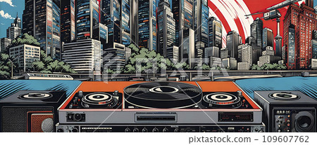 Music studio, turntables and loudspeakers with technical equipment in front of a big city skyline - ai generated 109607762