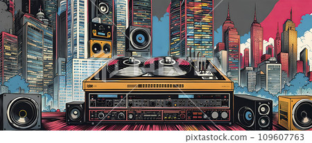 Music studio, turntables and loudspeakers with technical equipment in front of a big city skyline - ai generated 109607763