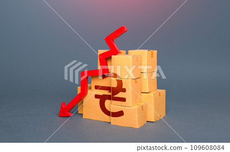 Boxes with ukrainian hryvnia symbol and arrow down. Decrease in stocks of products. Fall in goods production. Embargo, sanctions. Low consumption. Economic slowdown. Price reduction. Worsening trade. 109608084