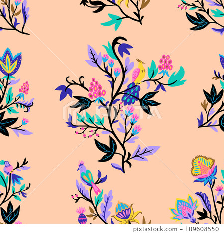 Ornamental floral pattern with stylized ornate floral elements and fantasy birds. Vector illustration 109608550